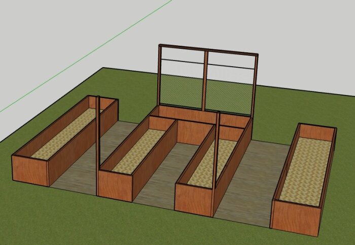 3D-modell av planerade odlingslådor i trä med rasteröverbyggnad på ena, placerade på gräs.