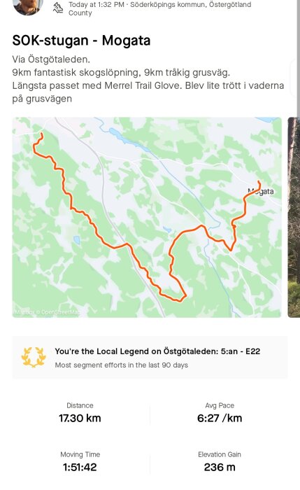 Kartskärmbild av löprunda via Östgötaleden till Mogata med distans och tidsstatistik.
