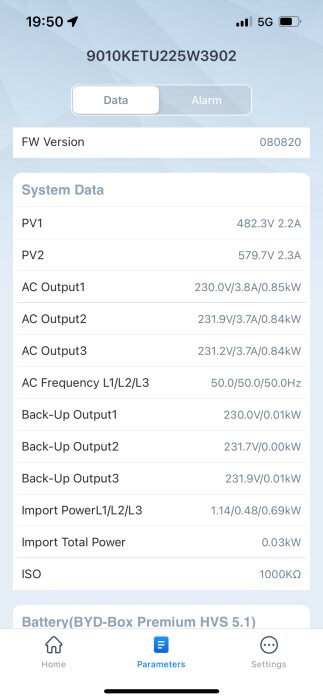 Skärmdump av energihanteringssystem som visar realtidsdata för solcellsproduktion och strömförbrukning.