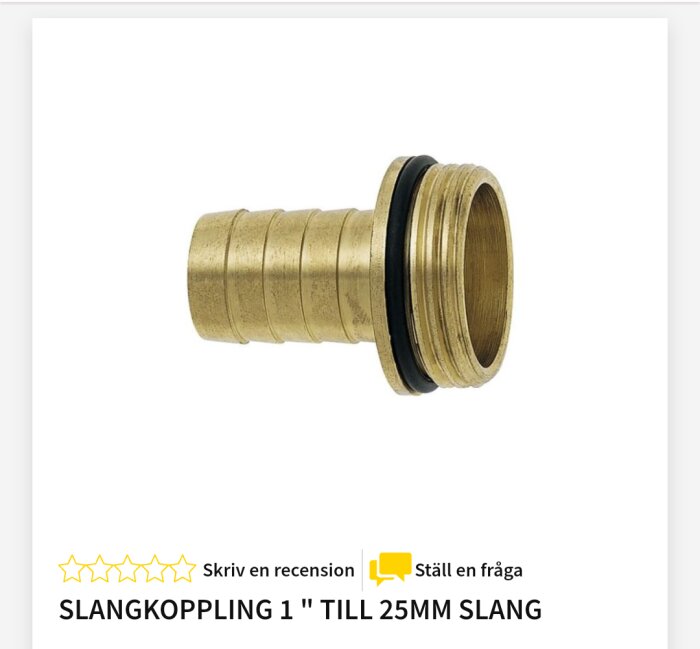 Brass slangkoppling för 25mm slang med utvändig gänga och tätning.