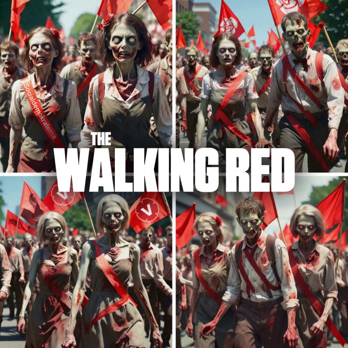 Personer utklädda till zombier deltar i en parad, vissa håller röda flaggor, texten "The Walking Red".