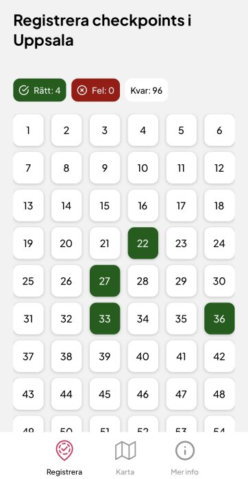 Skärmavbild av en registreringssida för checkpoints i Uppsala med poängräkning och numrerade knappar.