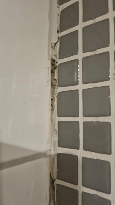 Skadad silikonfog mellan vägg och mosaikkakel i duschen som behöver repareras.