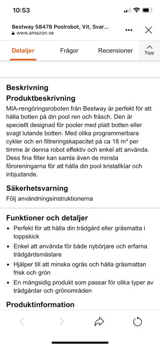 Skärmbild av produktbeskrivning för en Bestway poolrobot, inte en gräsklippare, på en webbsida.