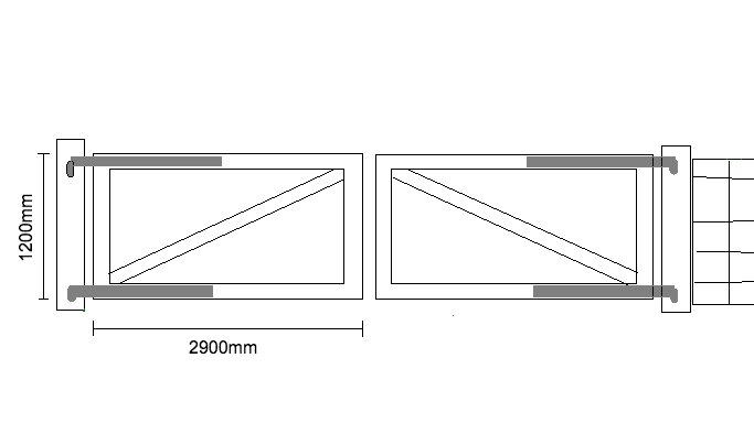 Ritning av en dubbel trägrind med dimensioner 1200mm hög och 2900mm bred, detaljerat med hakgångjärn och tvärstag.