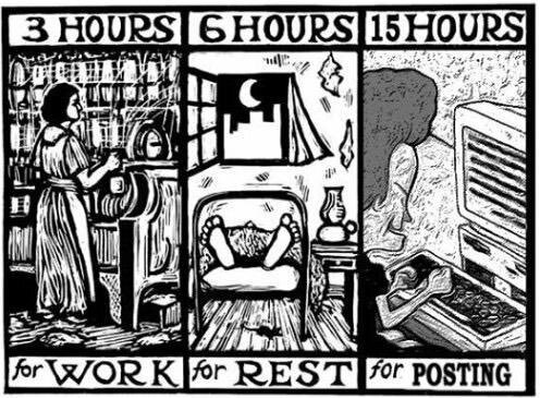 Tecknad bild indelad i tre paneler visande "3 timmar för ARBETE", "6 timmar för VILA", "15 timmar för POSTNING".