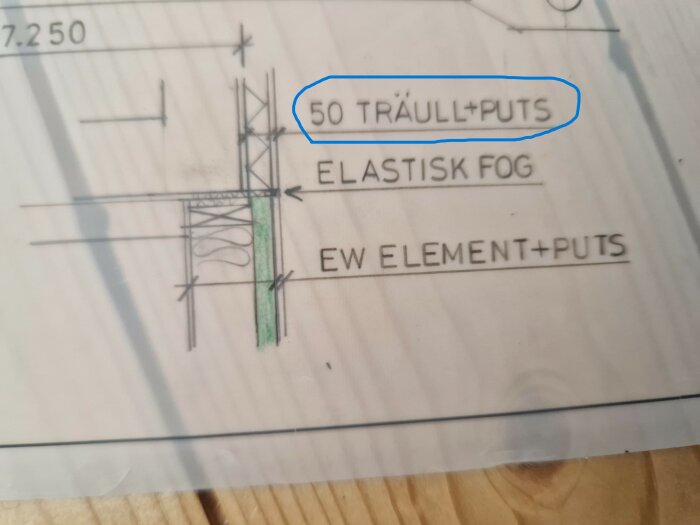 Detalj från gammal ritning som visar "50 TRÄULL+PUTS" och "ELASTISK FOG".