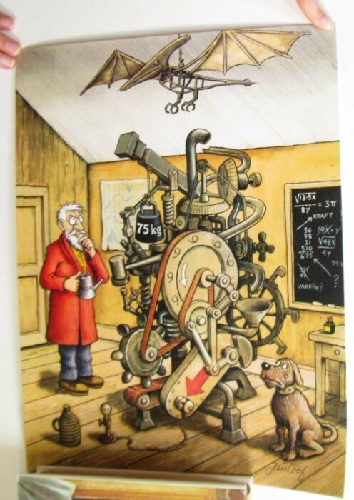 Illustration av komplex maskin i verkstad med förbryllad man i röd rock och hans hund, tavla med formler i bakgrunden.