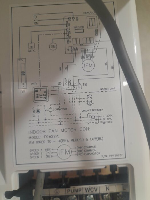 Schematisk bild av en elektrisk kopplingsskiss för en inomhusfläktmotor.