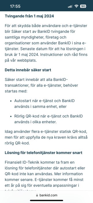 Skärmbild som visar information om nya regler för BankID som träder i kraft 1 maj 2024.