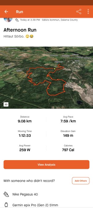 Skärmdump av en träningsapp som visar en kartbild över en löprunda på 9.08 km med tid, tempo och förbrända kalorier.