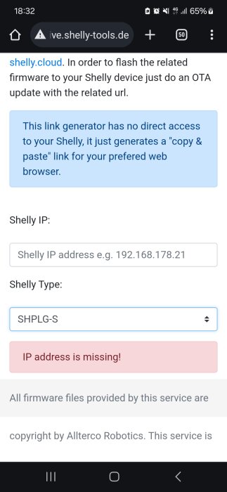 Skärmdump av en webbläsare visar felmeddelande "IP address is missing!" på en firmware uppdateringssida.