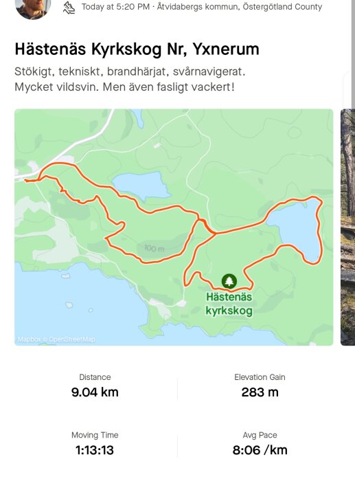 Karta med löprunda i Hästenäs Kyrkskog, 9.04 km med höjdvinst på 283 m och genomsnittstempo på 8:06/km.