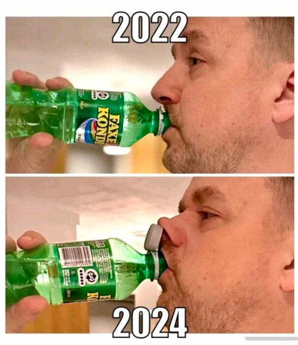 Man som håller en grön läskflaska mot munnen, övre bild 2022 med öppet lock, nedre bild 2024 med lock.