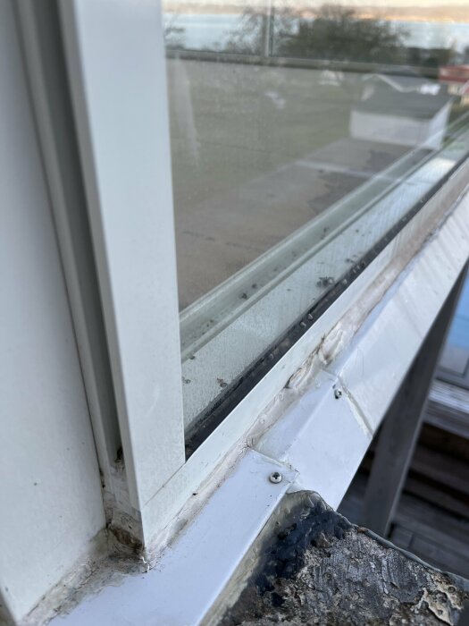 Närbild på fönsterhörn med skräp och mögel, behov av rengöring och underhåll.