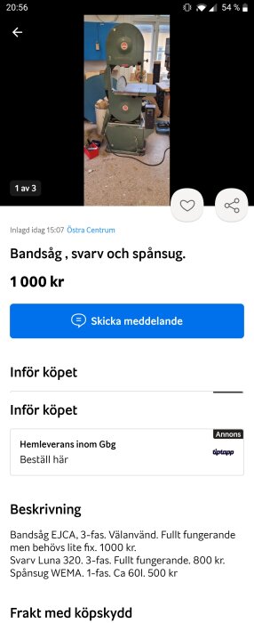 En grön bandsåg maskin placerad i ett verkstadsrum, visas upp för försäljning.