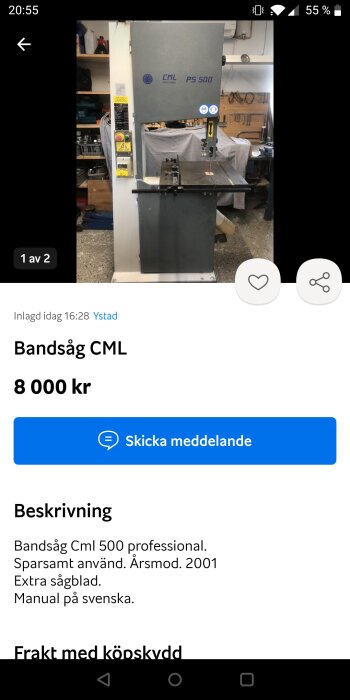Professionell bandsåg CML P5 500 i verkstadsmiljö med extra sågblad och svensk manual.