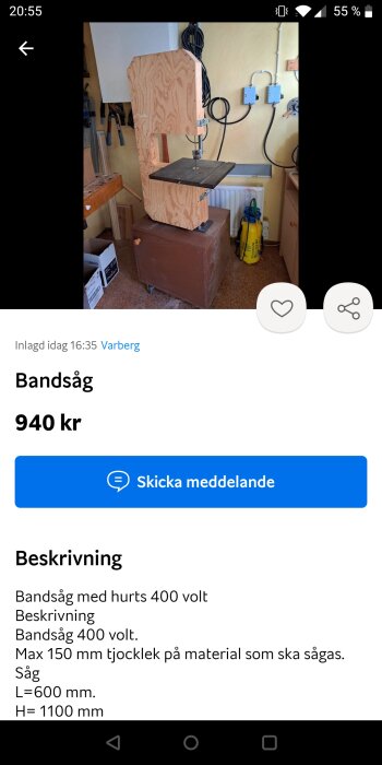 Använd bandsåg i ett verkstadsutrymme till salu för 940 kr, med specifikationer angivna nedan.