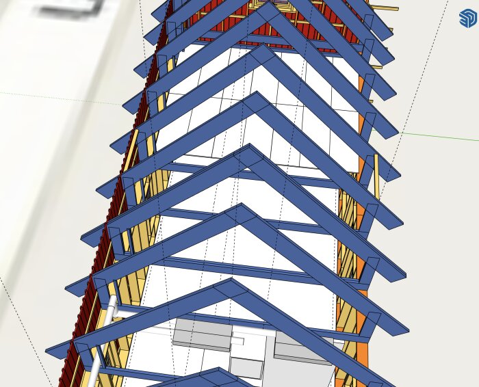 3D-skiss av takstolar med föreslagen metoder för att fästa ytterpanel vid takfot.