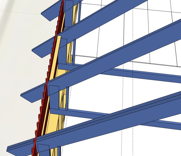3D-skiss av takstolar med föreslagen fästmetod för ytterpanel vid takfot.