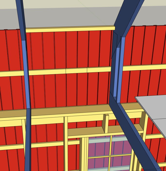 Skiss av en husvägg med röd ytterpanel och gula reglar som visar fästmetod vid takfoten.