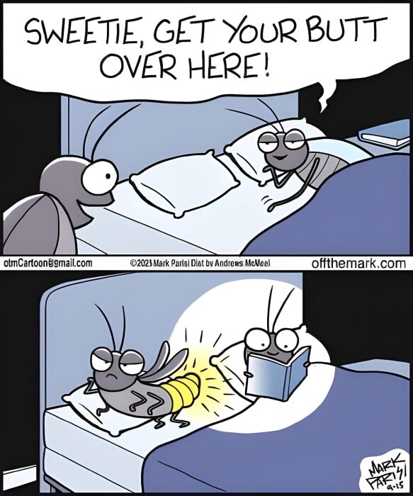Tecknad bild av insekter i en säng där en läser en bok och den andra uppmanas komma över.
