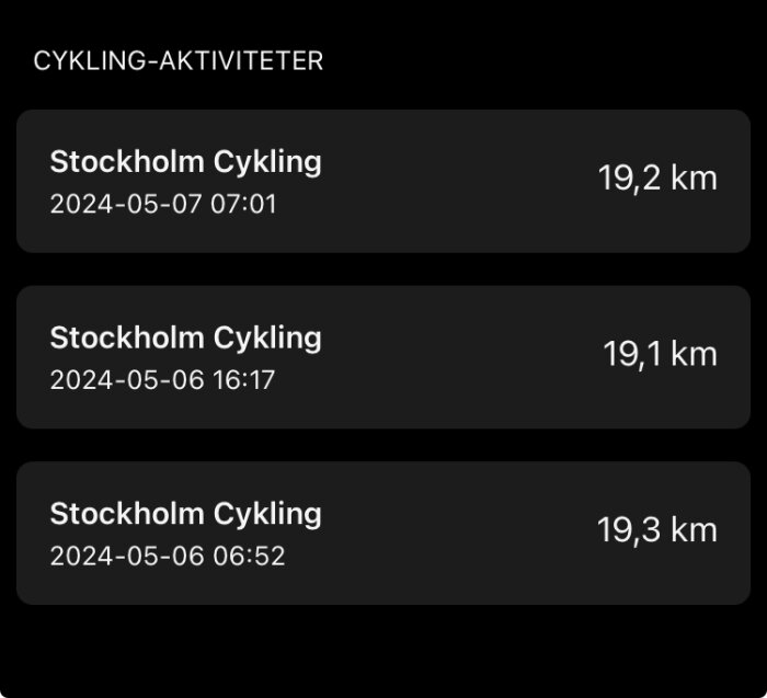 Skärmavbild av cykelaktiviteter i Stockholm med distans och datum.