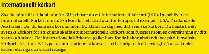 Informationsruta med text om regler för internationellt körkort utanför EU.