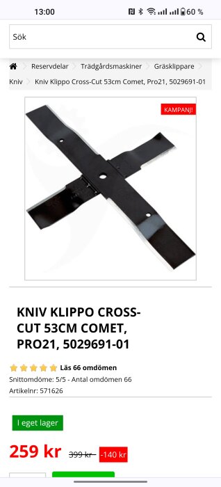 Svart 53 cm klippokniv för gräsklippare, modell Kniv Klippo Cross-Cut 53cm Comet, Pro21, på produktinformationssida med pris och omdömen.