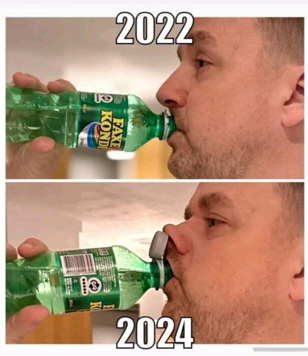 Man dricker ur en flaska märkt "2022" och en annan märkt "2024" med mindre öppning.