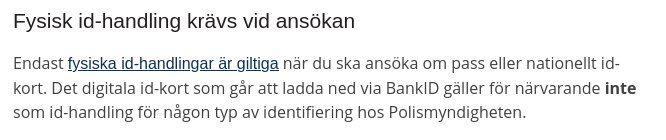 Skärmdump av text om krav på fysisk id-handling vid ansökan om pass eller nationellt id-kort.