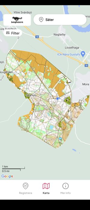 Skärmdump av en kartvy med markerade områden nära Skärsjö och Säter, från en mobilapp med Google-logotyp.