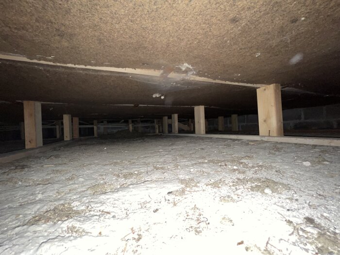 Bild på en krypgrund med betonggolv och trästolpar som stödjer golvet ovanför, med synlig höjd på 25 cm.