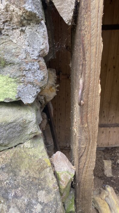 Sprucken dörrkarm och lossnad sten i vägg vid en jordkällaringång.