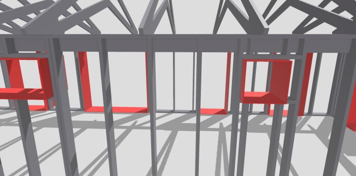 3D-modell av trästomme till byggnad med rödmarkerade modulmått för fönster och dörrar.