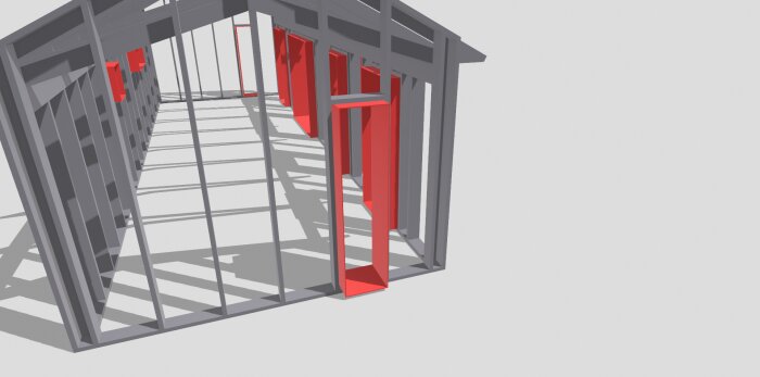 3D-modell av trästomme till hus med markerade modulmått för fönster och dörrar i rött.