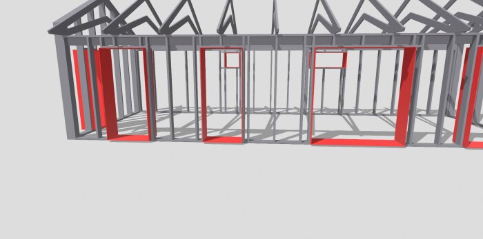 3D-modell av husstomme med markerade röda rammoduler för fönster och dörrar samt synlig takstol.