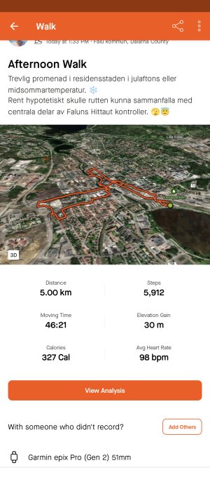 3D-karta över en promenadrutt på 5 km i Falu kommun med statistik för tid, steg och puls.