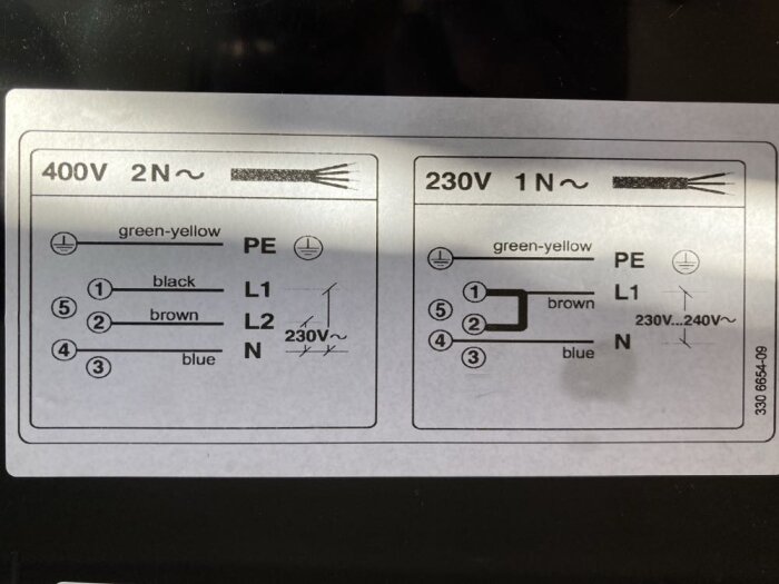 El-schema för en induktionsspis som visar anslutningar för 400V 2N och 230V 1N.