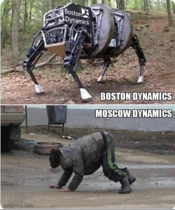 Övre bild av en fyrbenig robot från Boston Dynamics i en skog. Nedre bild av en person som går på händer och fötter på en gata.