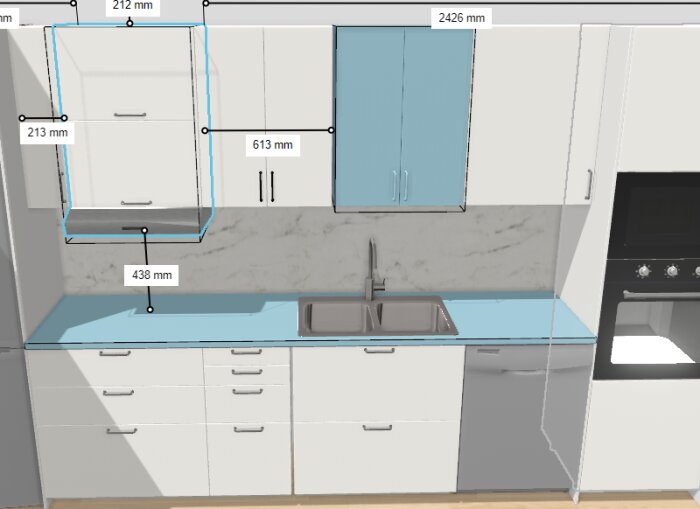 3D-rendering av ett vitt kök med måttmarkeringar för skåp och avstånd mellan spis och köksfläkt.