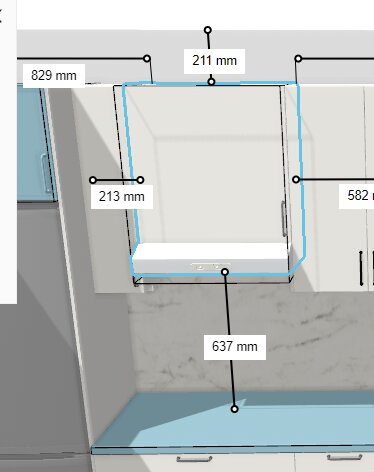 3D-ritning av kök som visar mått på skåp och avstånd mellan spis och köksfläkt.