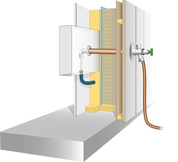 Illustration av en väggsektion med vattenutkastare och rörgenomföring upp genom väggens "varma sida".