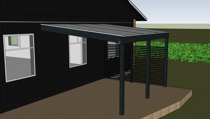 3D-rendering av ett svart skärmtak i konstruktion över en uteplats med kanalplasttak och stolpar.