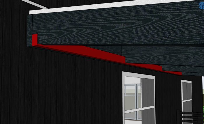 3D-modell av svart husfasad med takkonstruktion, röd kantbalk och utskuret upplag för takbalken.