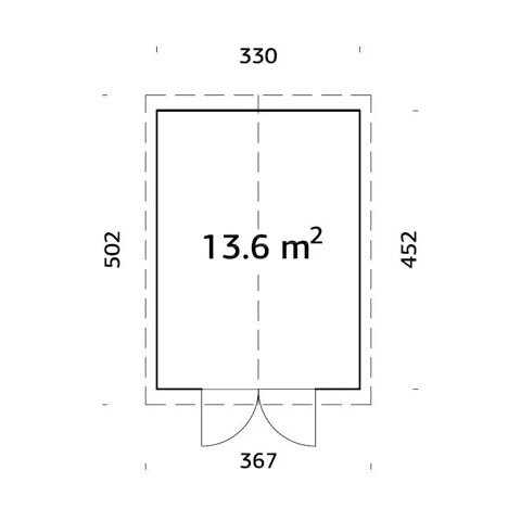 Ritning av ett förråd med måttangivelser och total yta på 13.6 kvadratmeter.
