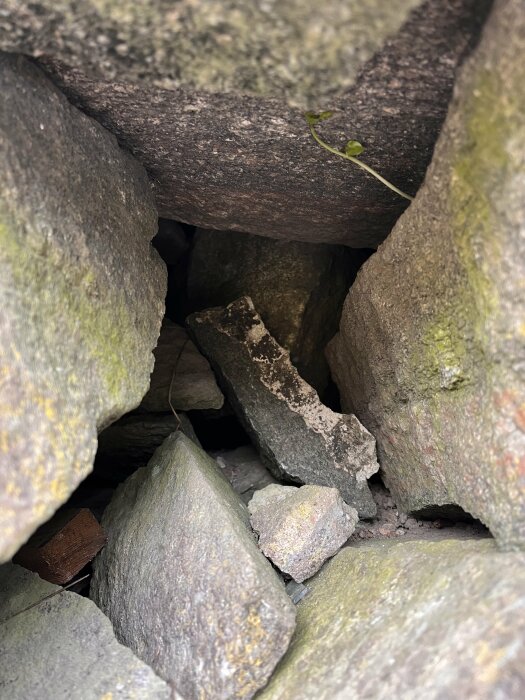 Närgränsat foto på en gammal stenmur med utbrutna stenar och synbart vittrat bruk, vilket visar murens instabilitet.