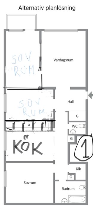 Alternativ planlösning för hem med markerat sovrum, vardagsrum, kök och badrum, version 1 markerad.