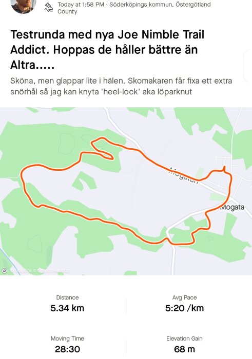 Skärmdump av löparkarta med testrunda markerad i orange, data visar 5.34 km avklarade, tempo och höjdökning.