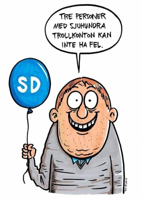 Karikatyr av en leende man som håller i en ballong med bokstäverna "SD".
